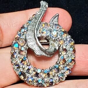 AB Rhinestones Silver Tone Brooch Unsigned 1.75" Vtg